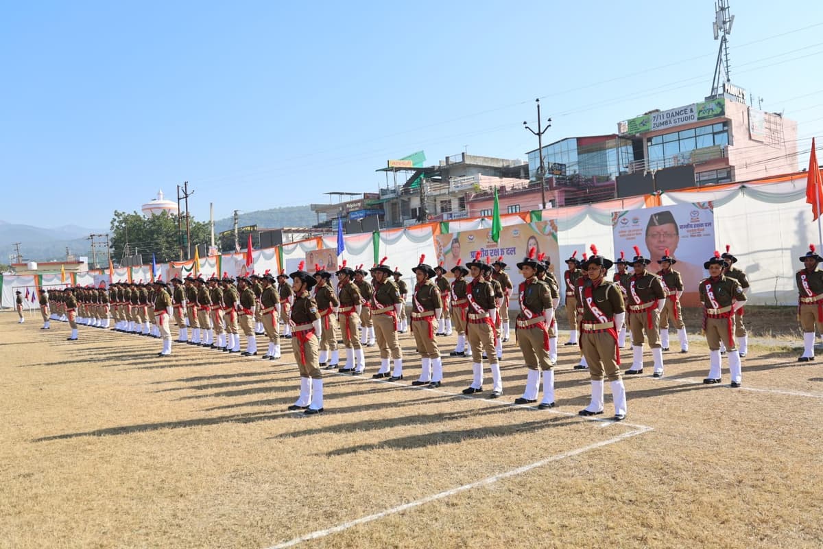 Prantiya Rakshak Dal (PRD) personnel in uniform performing parade drill formation on a sports ground